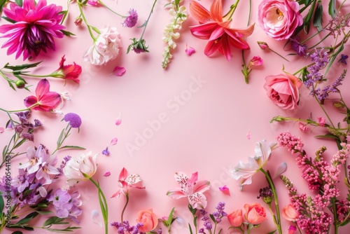 A pink background with various flowers on the edges