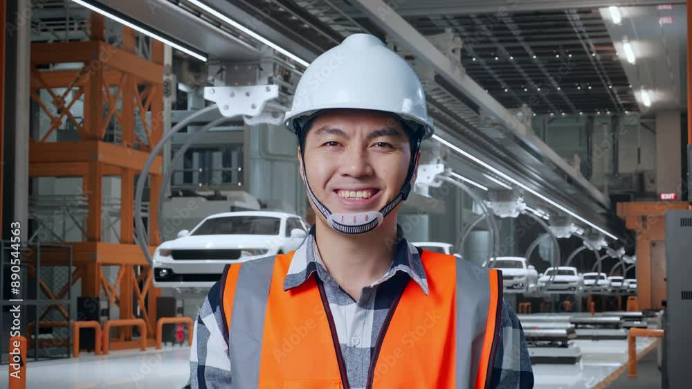 Close Up Of Asian Male Engineer With Safety Helmet Smiling To Camera While Standing In EV Car Factory Close Up Of Asian Male Engineer With Safety Helmet Smiling To Camera While Standing In EV Car Factory