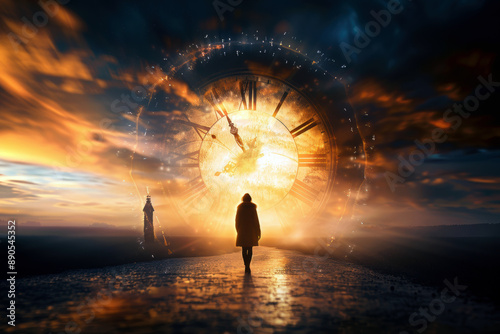 A person is walking on a path in front of a large clock. The clock is surrounded by a glowing light, and the sky is filled with clouds. The scene has a mysterious and surreal feel to it