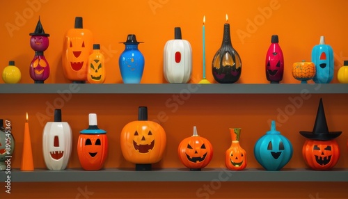 Colorful ceramic pumpkins and Halloween decorations on shelves, set against a vibrant orange background, perfect for festive decor ideas.