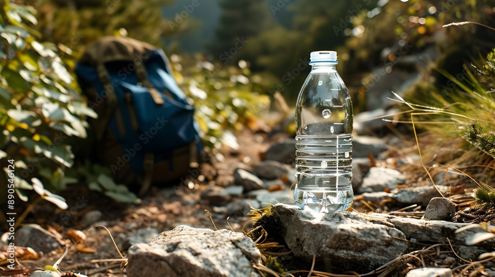 Obraz premium A clear water bottle rests on a rocky trail, surrounded by hiking gear and lush greenery.