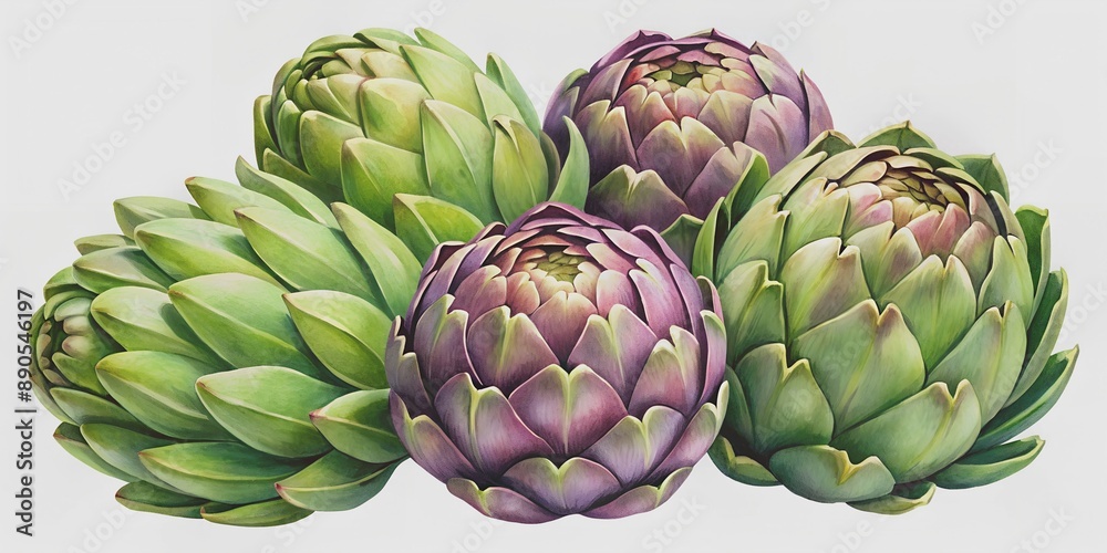 Obraz premium Watercolor illustration Artichokes Isolated objects set AI Generative