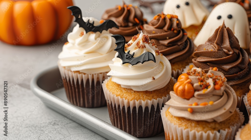 A tray of freshly baked cupcakes with Halloween-themed toppers: ghosts, bats, and pumpkins, high-resolution photo, realistic photo A tray of freshly baked cupcakes with Halloween-themed toppers: ghosts, bats, and pumpkins, high-resolution photo, realistic photo