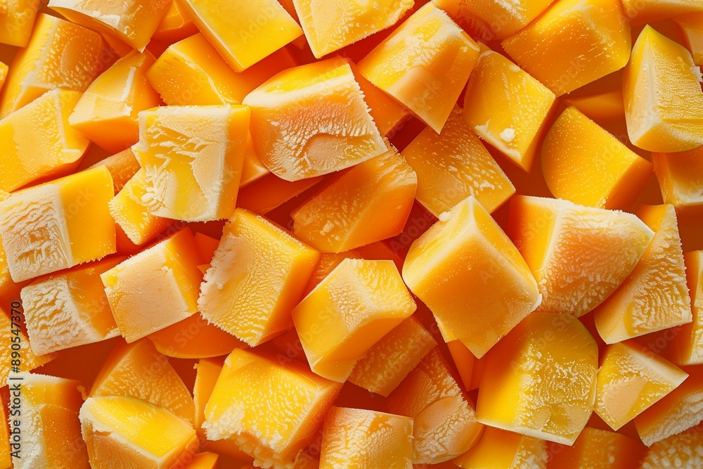 Colorful Pile of Frozen Mango Chunks, Highlighting Their Tropical Appeal and Refreshing Texture, Ideal for Fruit Salads, Exotic Desserts, or Summer Beverage Recipes Colorful Pile of Frozen Mango Chunks, Highlighting Their Tropical Appeal and Refreshing Texture, Ideal for Fruit Salads, Exotic Desserts, or Summer Beverage Recipes