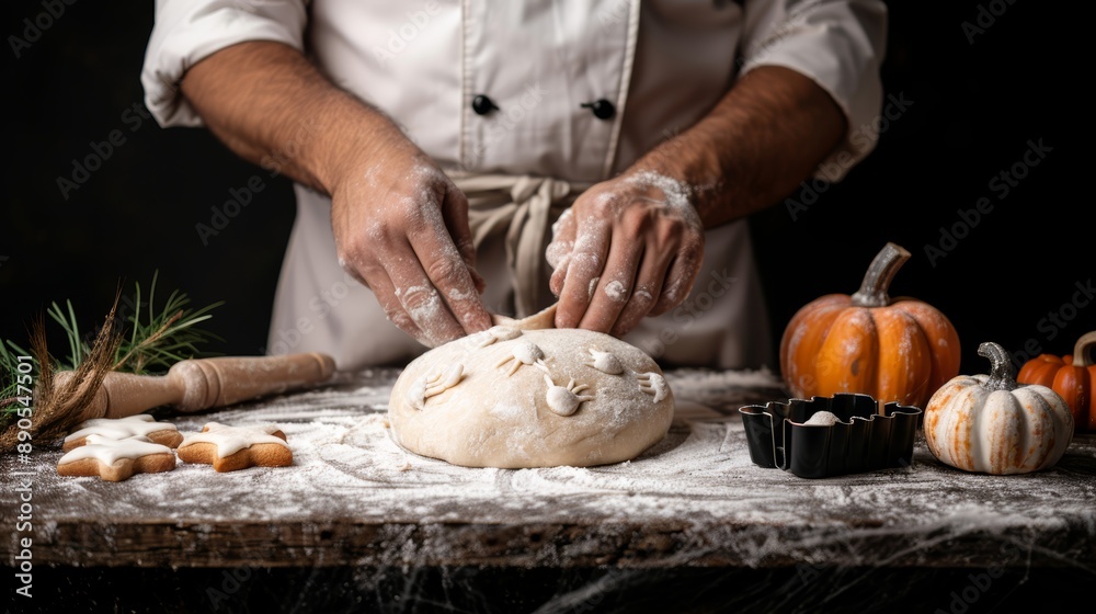A baker preparing dough for Halloween-themed cookies, with cookie cutters in spooky shapes, high-resolution photo, realistic photo A baker preparing dough for Halloween-themed cookies, with cookie cutters in spooky shapes, high-resolution photo, realistic photo