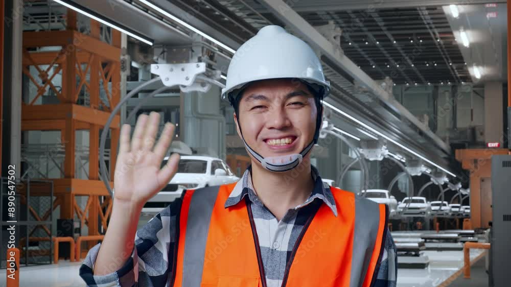 Close Up Of Asian Male Engineer With Safety Helmet Smiling To Camera And Waving Hand Saying Bye While Standing In EV Car Factory Close Up Of Asian Male Engineer With Safety Helmet Smiling To Camera And Waving Hand Saying Bye While Standing In EV Car Factory