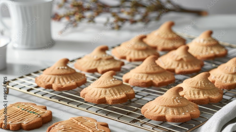 Fototapeta premium A tray of freshly baked cookies shaped like witches' hats and broomsticks, cooling on a wire rack, high-resolution photo, realistic photo
