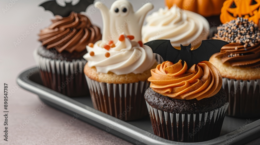 A tray of freshly baked cupcakes with Halloween-themed toppers: ghosts, bats, and pumpkins, high-resolution photo, realistic photo A tray of freshly baked cupcakes with Halloween-themed toppers: ghosts, bats, and pumpkins, high-resolution photo, realistic photo