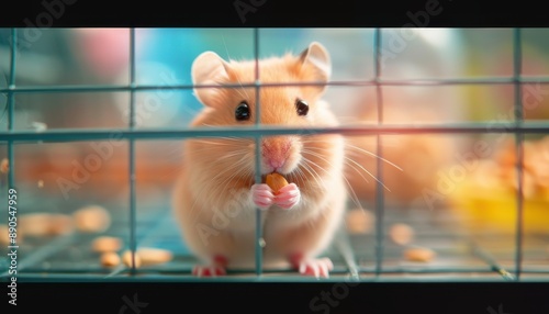 Cute hamster eating in a cage, with bright background. Perfect for pet-related themes and adorable animal shots. photo