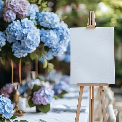 
A white blank horizontal poster on easel in front of wedding reception tables with pastel blue and purple colors rose and hydrengea flowers photo