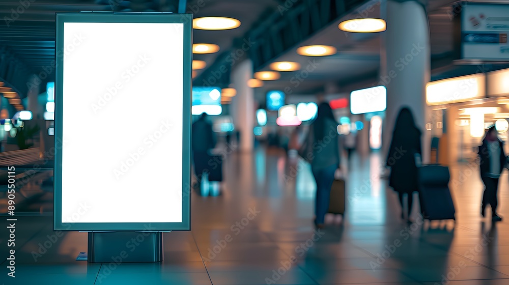 A mockup of an empty blank white poster in the middle of an airport A mockup of an empty blank white poster in the middle of an airport