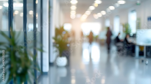 Blurred office interior with people working in the background