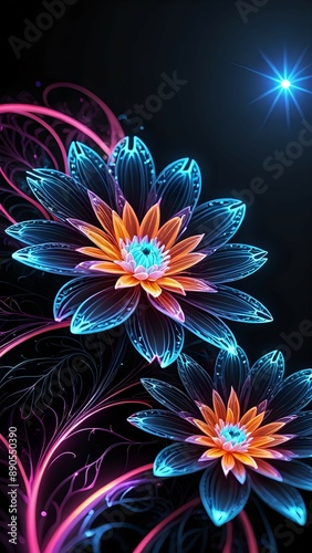 Abstract glowing flowers in blue and orange.