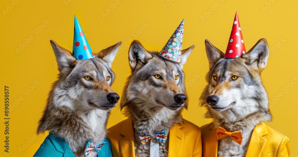 Group of wolves with funky mismatched colourful outfits on bright background. Birthday party invitation banner with copyspace. Group of wolves with funky mismatched colourful outfits on bright background. Birthday party invitation banner with copyspace.