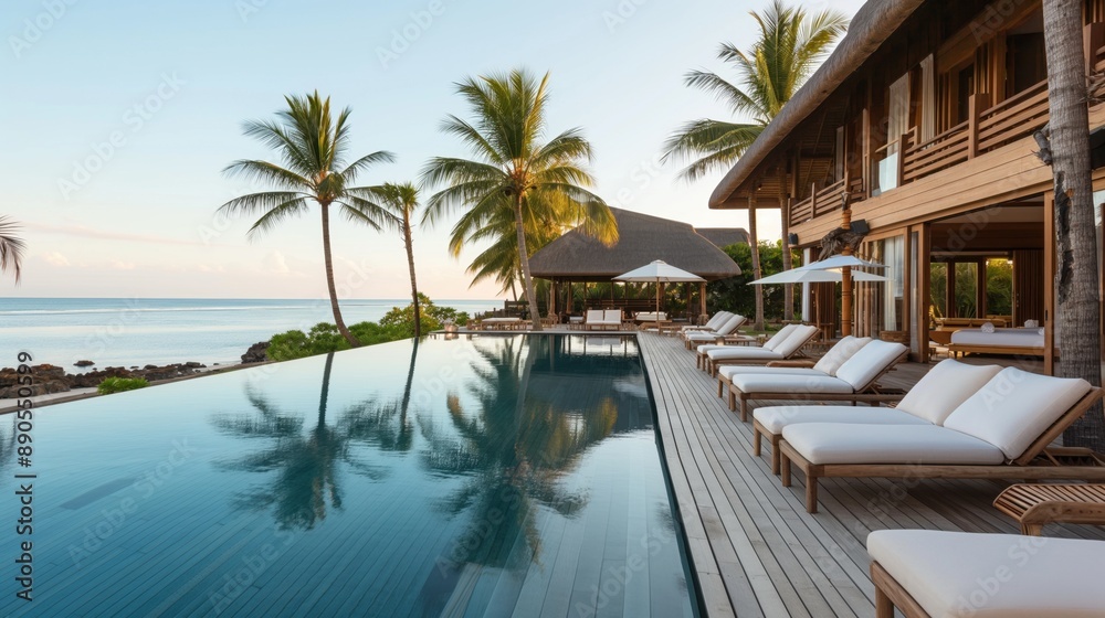 Luxurious beachfront resort with an infinity pool, wooden deck, sun loungers, palm trees, and a view of the ocean. Luxurious beachfront resort with an infinity pool, wooden deck, sun loungers, palm trees, and a view of the ocean.