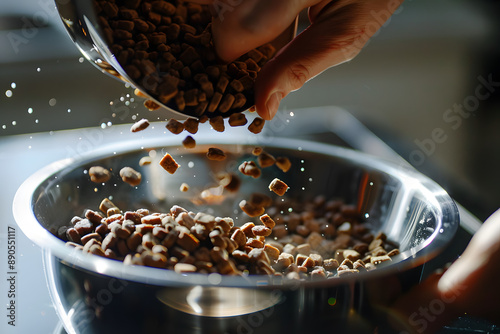 Human filling pet bowl with dry kibble food