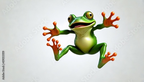 A cheerful 3D clipart of a happy frog jumping with excitement, its green skin bright and shiny, set against a pristine, white background. photo