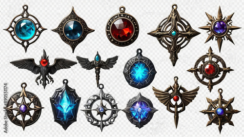 Set of magic amulet illustrations with transparent background, perfect for Halloween-themed designs and graphic templates.
