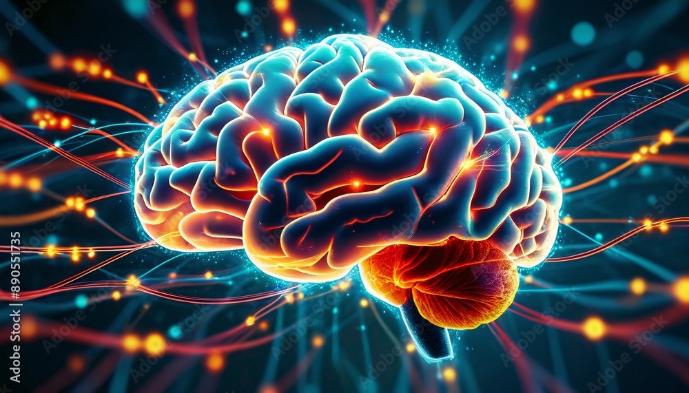 Fototapeta premium conceptual brain with bright neuron pulses, binary code patterns overlay, neural connections illuminated, blend of digital and biological networks