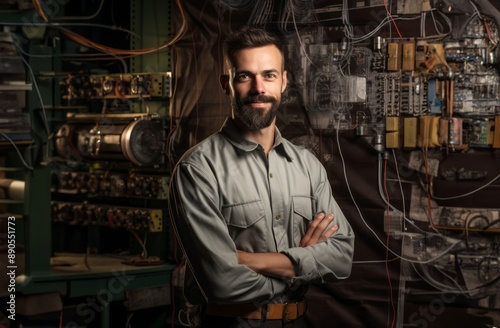 In this striking portrait, a modern engineer exudes professionalism, showcasing confidence, technical expertise, and dedication in a contemporary workplace, embodying the essence of competence and