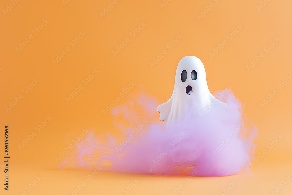 cute white ghost with pastel purple smoke on pastel light orange solid background, halloween concept with copy space
