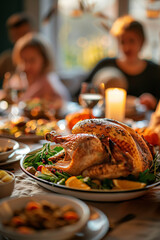 blurred photo of family gathered around the table for thanksgiving dinner with focus on the golden baked turkey in the center and side dishes, warm light from the window in the background.cozy,festive