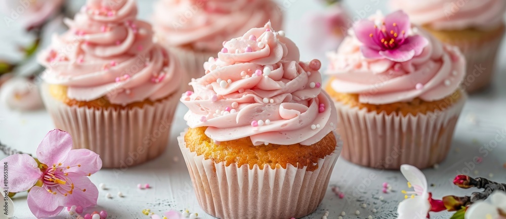 Food concept with pink frosting Cupcake muffin cake, toppins icing sprinkles, and rose petal petals on pastel background. Food concept with pink frosting Cupcake muffin cake, toppins icing sprinkles, and rose petal petals on pastel background.