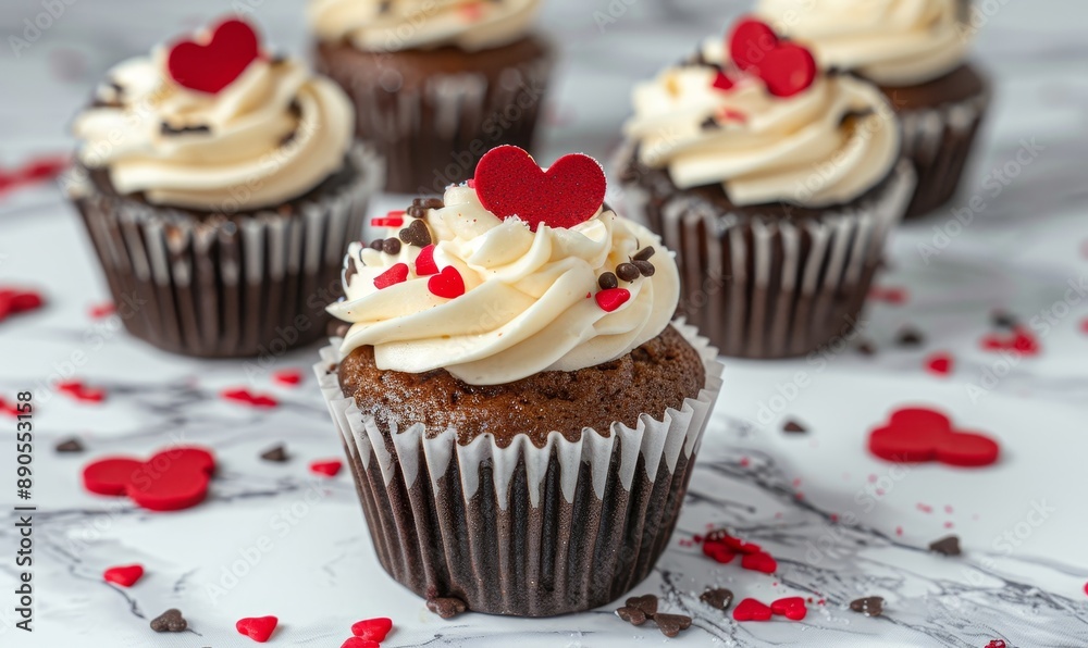 Food concept. Row of chocolate cupcake muffin cakes with creamicing frosting and heart love shape sprinkles on marble slab background. Copy space. Food concept. Row of chocolate cupcake muffin cakes with creamicing frosting and heart love shape sprinkles on marble slab background. Copy space.