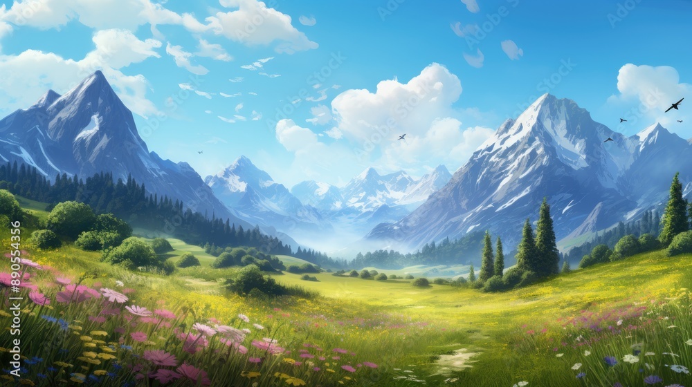 Fototapeta premium Picturesque Mountain Meadow with Wildflowers.