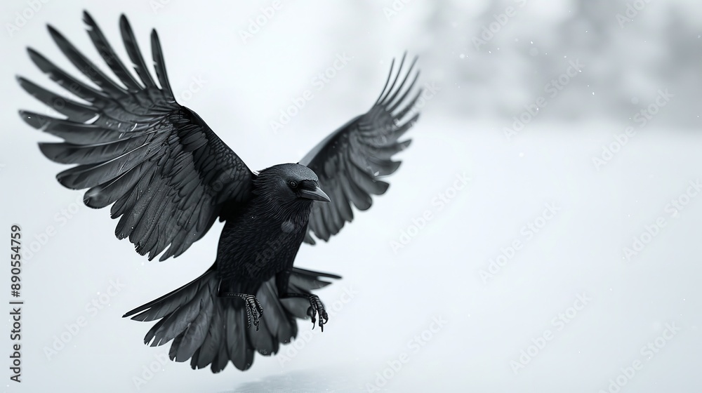 Obraz premium Dominant Black Vulture Soaring Directly Towards Camera on White Background