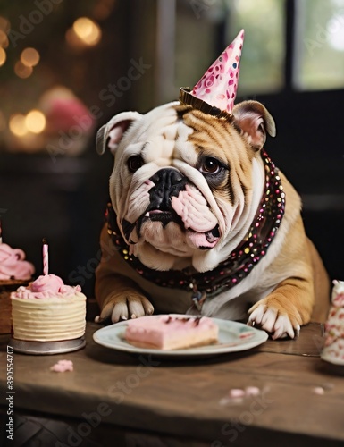 bulldog dressed up as a birthday party