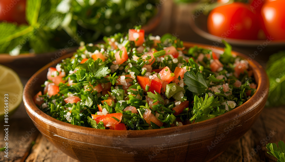 Tabbouleh salad. Traditional middle eastern or arab dish. Levantine vegetarian salad with parsley, mint, bulgur, tomato Tabbouleh salad. Traditional middle eastern or arab dish. Levantine vegetarian salad with parsley, mint, bulgur, tomato
