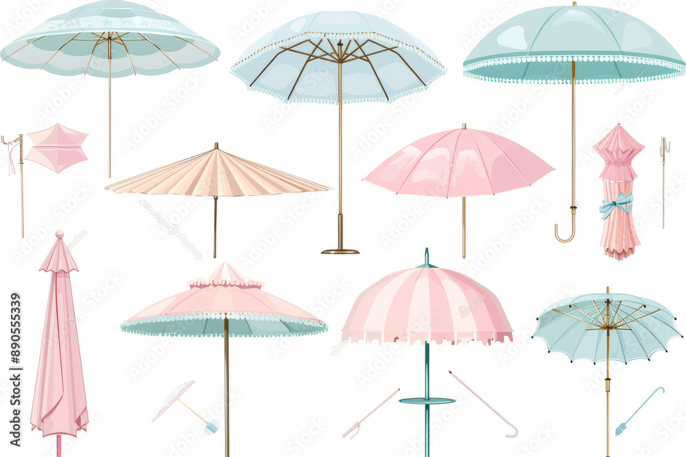 Set of cute pastel-colored umbrellas illustrations with transparent background, perfect for spring and rainy-themed design projects.
Set of cute pastel-colored umbrellas illustrations with transparent background, perfect for spring and rainy-themed design projects.