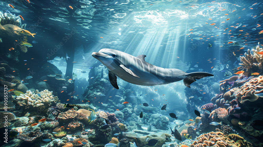 Fototapeta premium Illuminated by the rays of the sun, a dolphin swims underwater among corals and small bright fish.