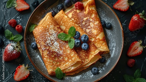 Crepes, thin pancakes with chocolate sauce and fresh blueberries. Grey background. Copy space. Top view. photo