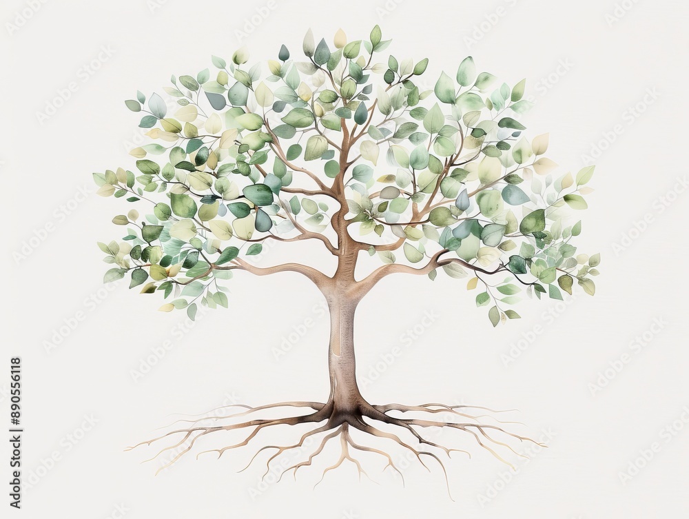 Obraz premium Watercolor illustration of a tree with deep roots and flourishing branches, embodying personal growth and stability, rich and earthy hues