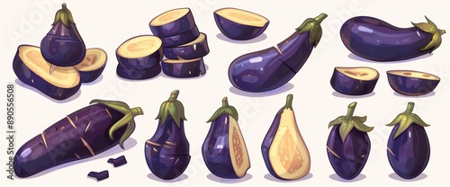 This mockup template shows the eggplant aubergine brinjal baigan fruit vegetable from many angles and is isolated from the background and is designed to be used as a graphic design mockup to showcase photo