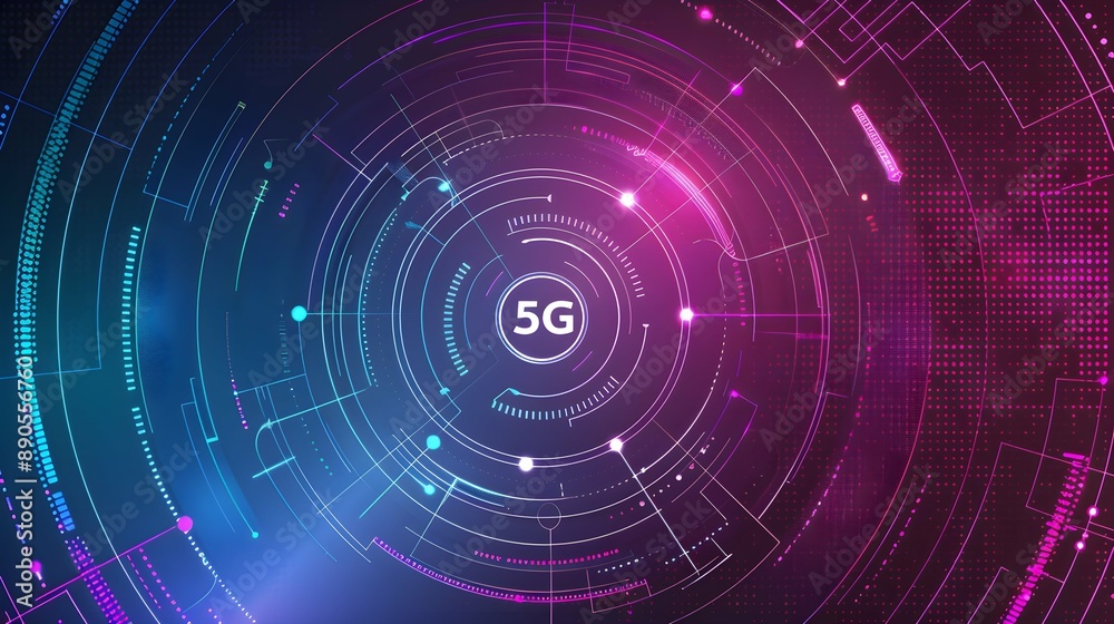 An illustration of '5G' technology symbol with circular abstract elements on a dotted gradient background, concept of high-speed wireless communication An illustration of '5G' technology symbol with circular abstract elements on a dotted gradient background, concept of high-speed wireless communication