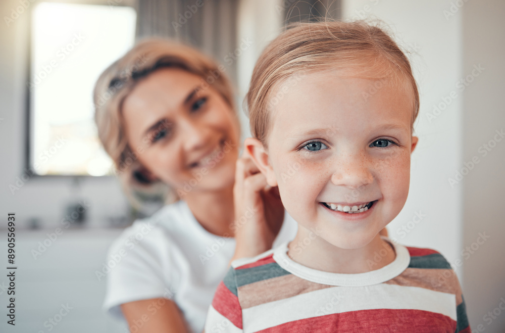 Mother, portrait and brush girl hair in home for hairstyle, help and support as parents with happiness. Woman, face and young child in house for ponytail, grooming and comb with bonding, care or love Mother, portrait and brush girl hair in home for hairstyle, help and support as parents with happiness. Woman, face and young child in house for ponytail, grooming and comb with bonding, care or love