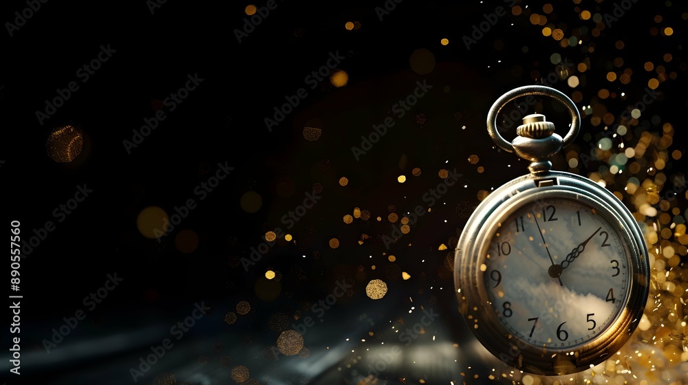 An old pocket watch with floating particles symbolizing the passing of time against a black background. Time and countdown concept banner. An old pocket watch with floating particles symbolizing the passing of time against a black background. Time and countdown concept banner.