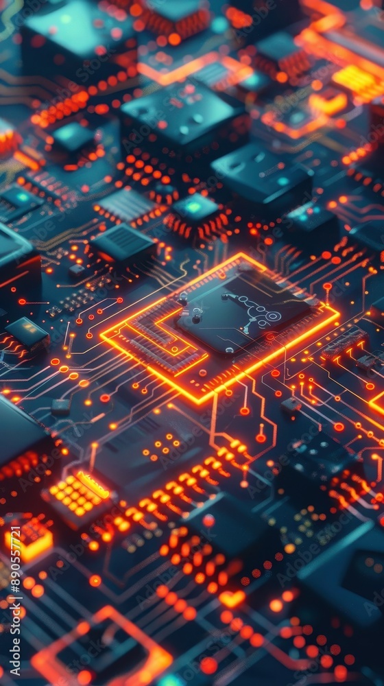 Close-up of an illuminated microchip and circuit board with glowing lines, showcasing modern technology and electronics.