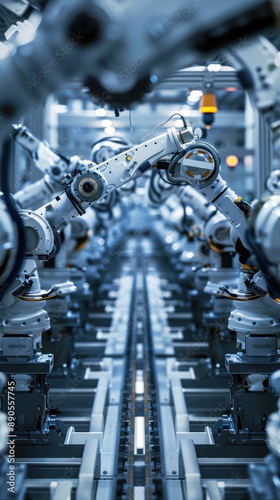Close-up view of industrial robotic arms in an automated assembly line, showcasing advanced manufacturing technology in a factory setting Close-up view of industrial robotic arms in an automated assembly line, showcasing advanced manufacturing technology in a factory setting