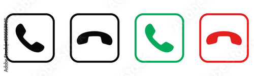 Phone call icon answer, accept and decline call line art icons with green and red buttons , Contact us telephone sign.