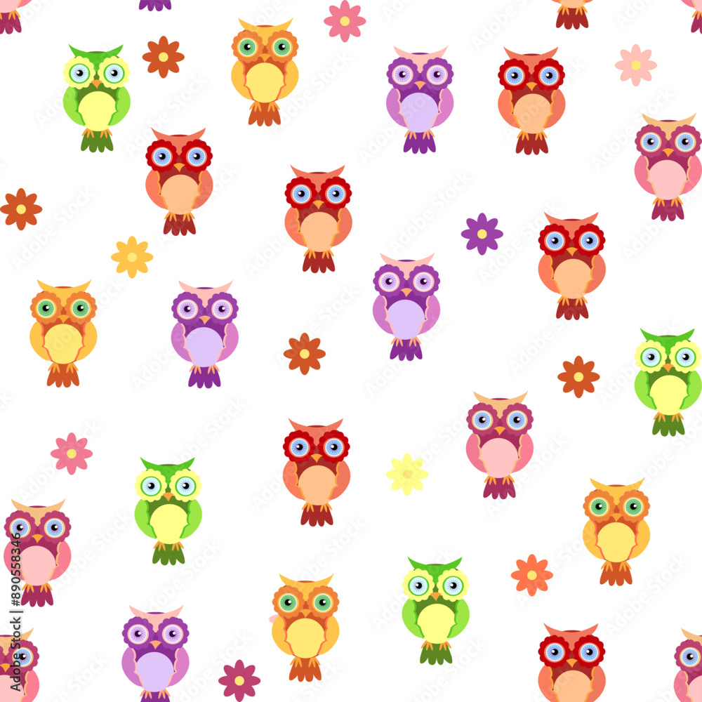 Fototapeta premium Seamless colorful owl pattern for children with flowers, clouds, branches