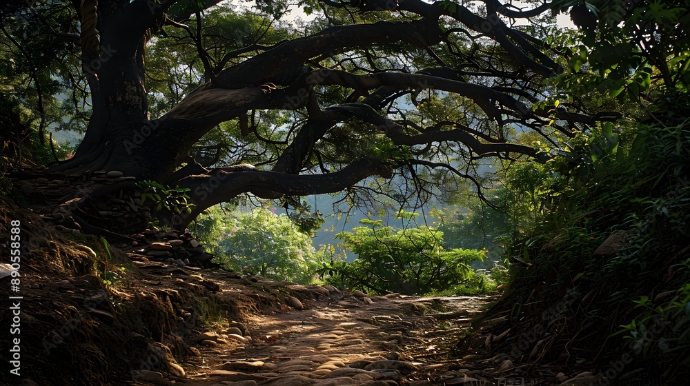 Fototapeta premium Ancient tree with sprawling branches providing shade over a serene forest path in Bandipur, Nepal
