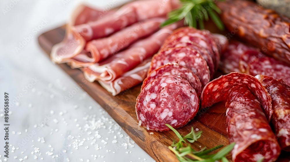 Mouthwatering Sliced Salami on a Charcuterie Board on a White Surface Mouthwatering Sliced Salami on a Charcuterie Board on a White Surface
