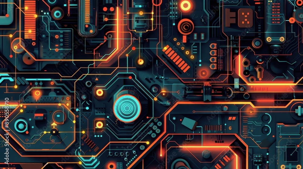 Futuristic microchip circuit board in neon colors, representing advanced technology and digital innovation in electronics. Futuristic microchip circuit board in neon colors, representing advanced technology and digital innovation in electronics.