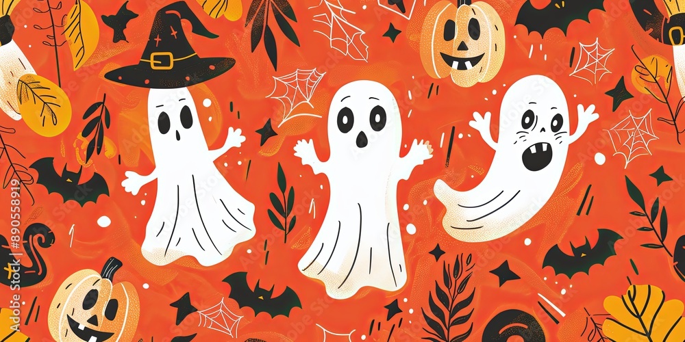 Halloween Party Invitation featuring Adorable Ghost and Monster Drawings