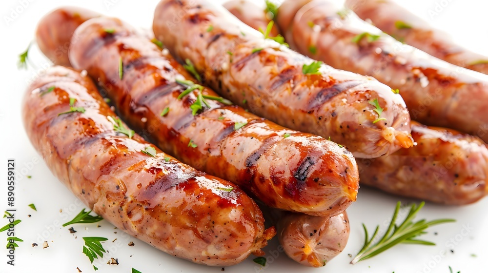 Mouthwatering Pork Sausages on a Clean White Surface,Perfect for a Delectable Breakfast or Snack Mouthwatering Pork Sausages on a Clean White Surface,Perfect for a Delectable Breakfast or Snack