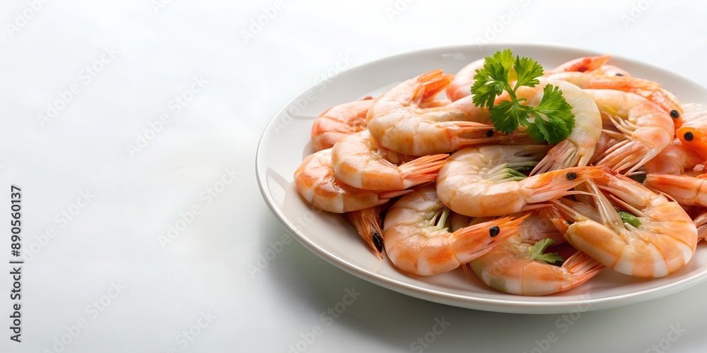 Raw peeled shrimp on white dish on white background Creative AI Raw peeled shrimp on white dish on white background Creative AI